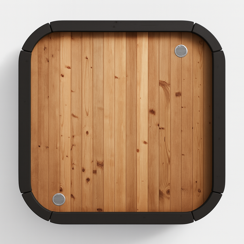 SaunaLife traditional wooden sauna top view with rounded black frame and vents outdoor home sauna kit for backyard