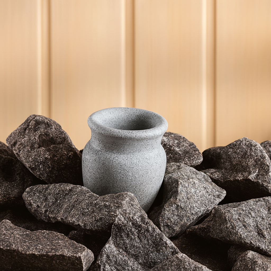 Hukka soapstone sauna aroma cup placed on sauna stones with gray textured surface and wooden wall background