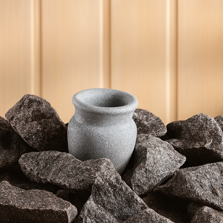 Hukka soapstone sauna aroma cup placed on sauna stones with gray textured surface and wooden wall background