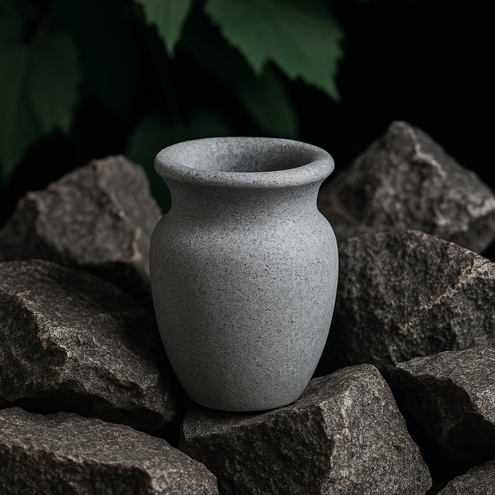 Hukka soapstone sauna aroma cup on sauna stones, smooth gray vessel for sauna essential oils and fragrances