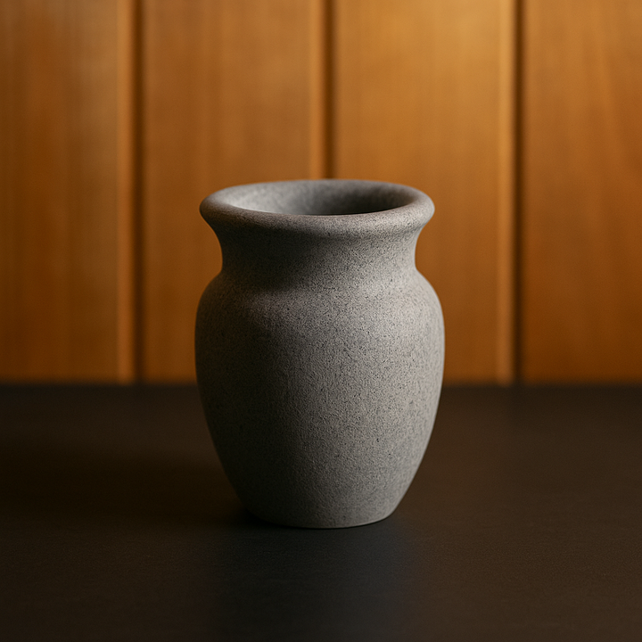 Hukka soapstone sauna aroma cup in gray stone with rounded vase shape for holding sauna essential oils