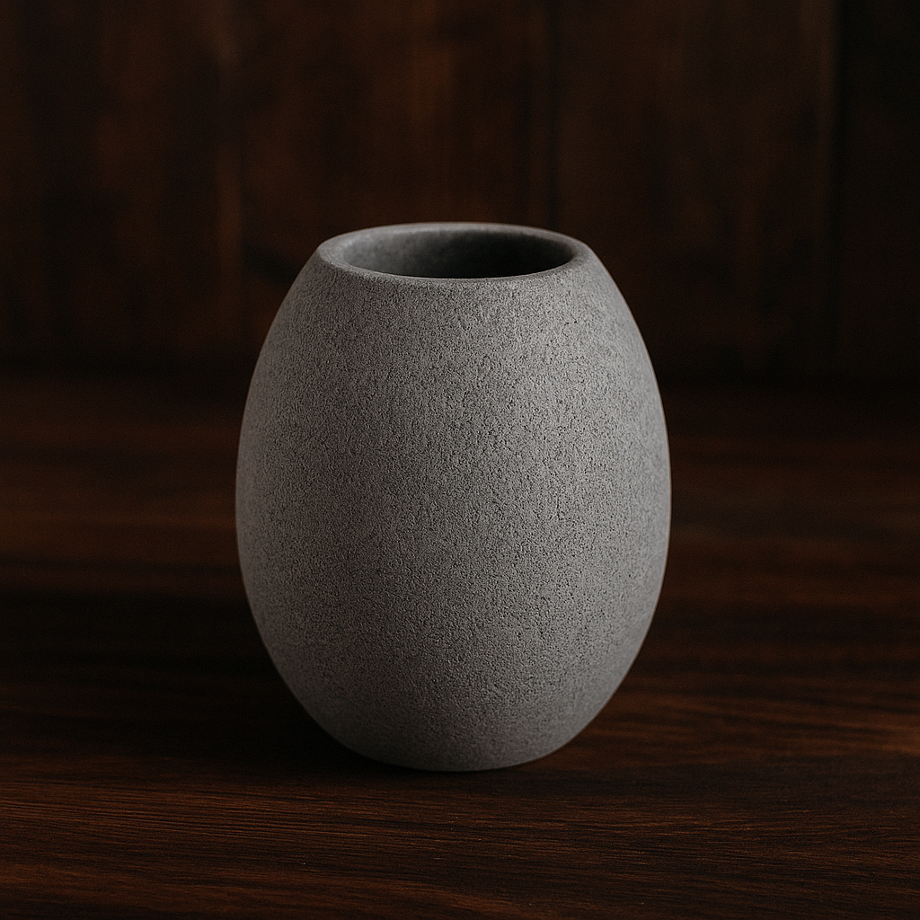 Hukka soapstone sauna cup minimalist rounded gray textured cup on dark wood surface for sauna use