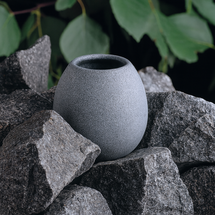 Hukka soapstone sauna cup accessory in smooth gray stone resting on sauna rocks with rounded shape