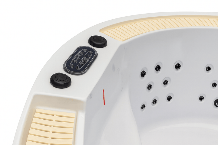 Interior view of the Oscar Studio Series hot tub with control panel and massage jets