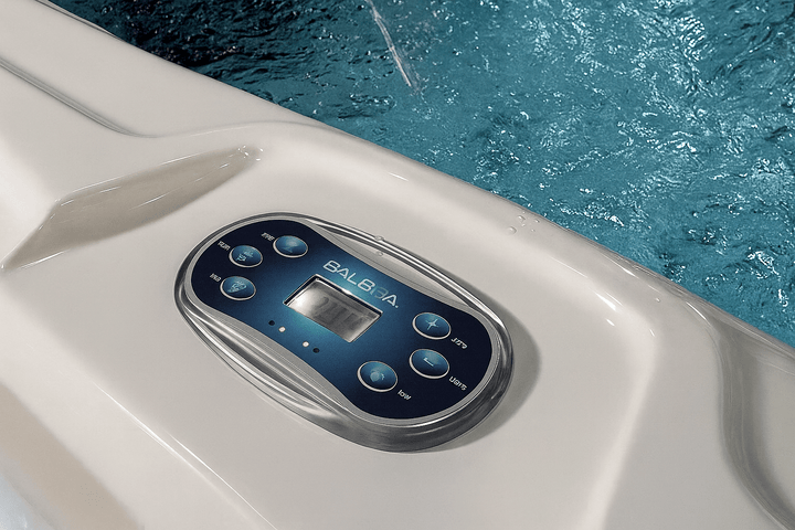 Control panel of the Oscar Studio Series hot tub with digital display for easy settings adjustments