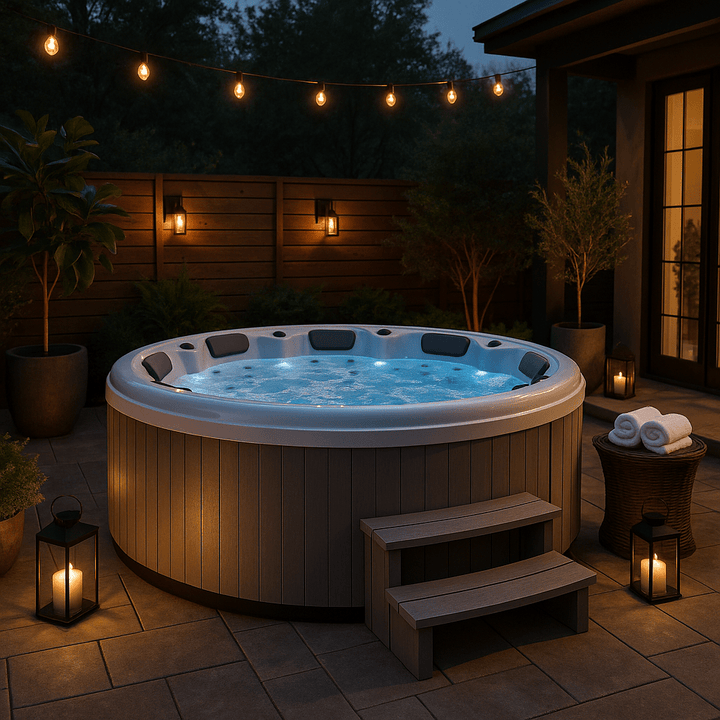Oscar Studio Series hot tub with soothing lights and a serene outdoor setting for relaxation