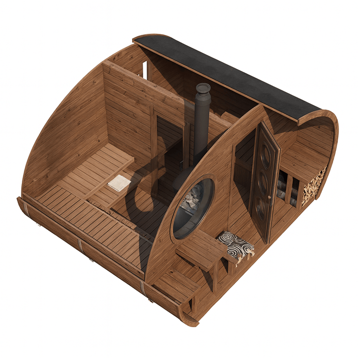 Outdoor home sauna kit from SaunaLife with a wooden structure and spacious interior for relaxation