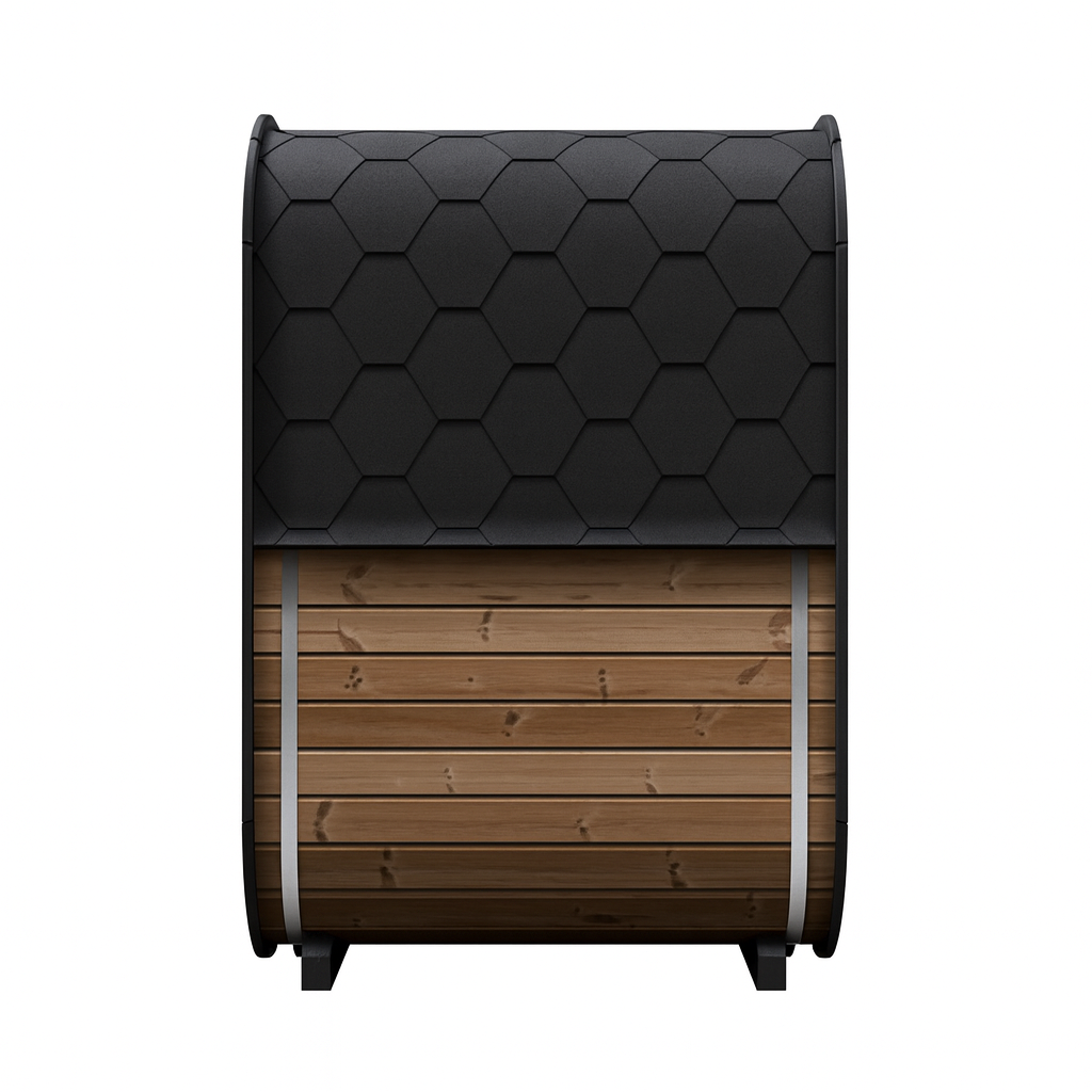 SaunaLife traditional outdoor home sauna kit with wooden body and black hexagonal shingle roof