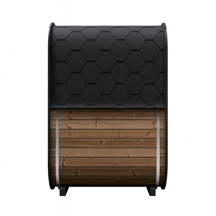 SaunaLife traditional outdoor home sauna kit with wooden body and black hexagonal shingle roof