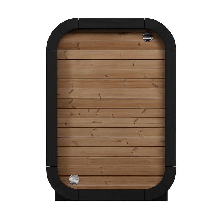 SaunaLife outdoor home sauna kit with wooden paneling and sleek black trim for relaxing outdoor spaces