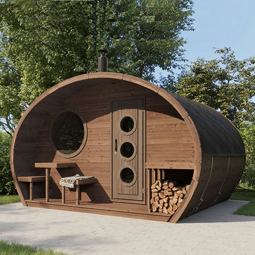 SaunaLife traditional outdoor home sauna kit made of wood with circular windows and firewood storage