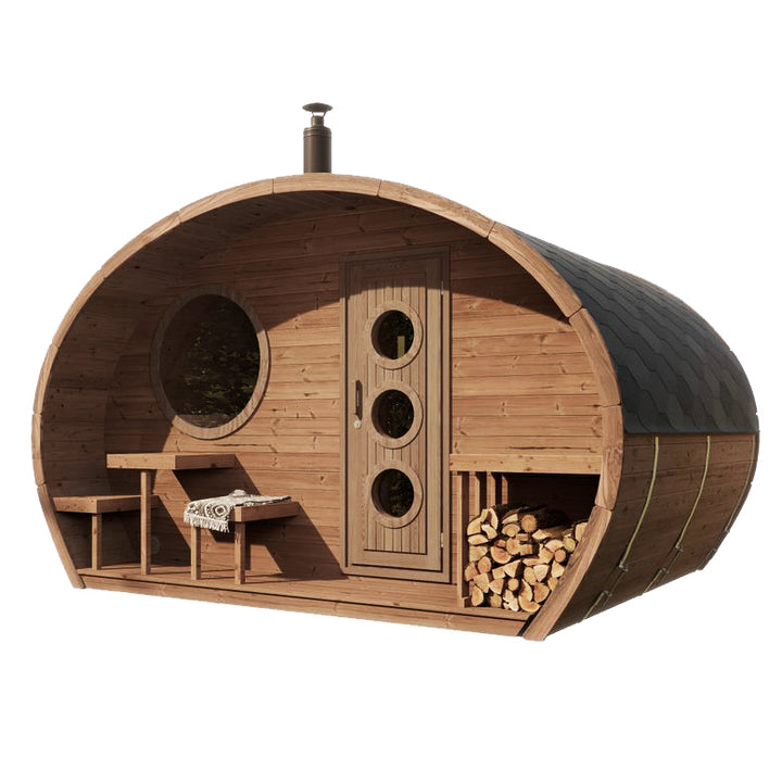 SaunaLife traditional outdoor home sauna kit with barrel shape wood design and front bench seating