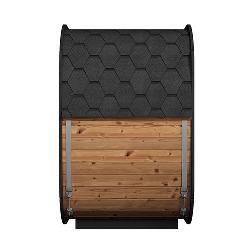SaunaLife traditional outdoor home sauna kit with wooden body and black hexagonal roof shingles