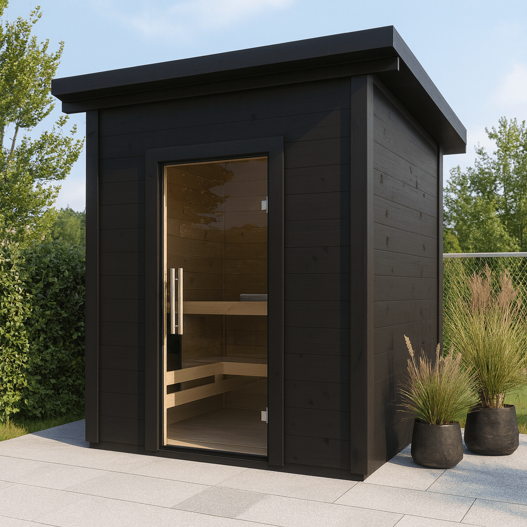 SaunaLife outdoor home sauna kit with a modern black design, perfect for relaxing in your backyard