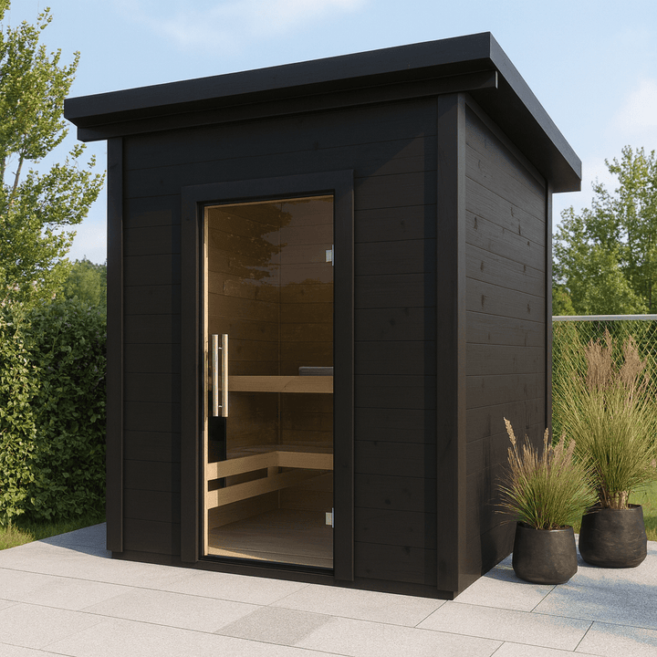 SaunaLife outdoor home sauna kit with a modern black design, perfect for relaxing in your backyard