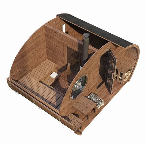 SaunaLife traditional wooden outdoor home sauna kit with curved design and glass door