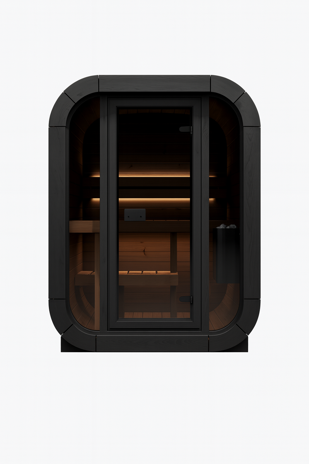 SaunaLife traditional outdoor home sauna kit with modern black frame and wooden interior benches