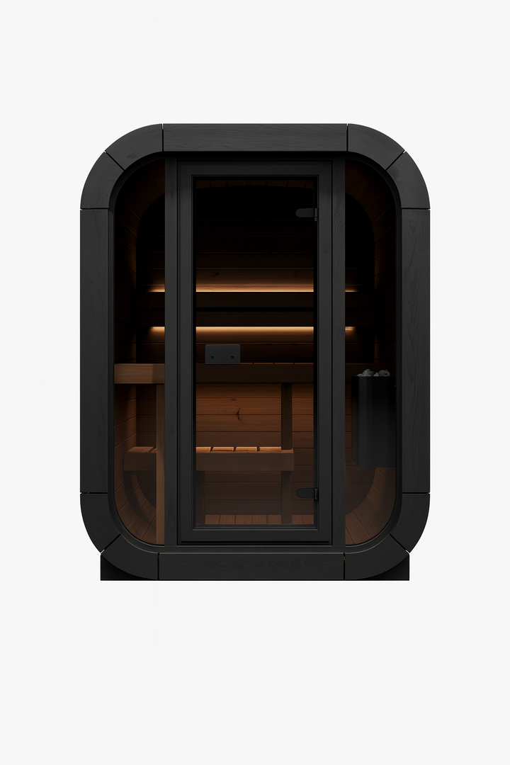 SaunaLife traditional outdoor home sauna kit with modern black frame and wooden interior benches