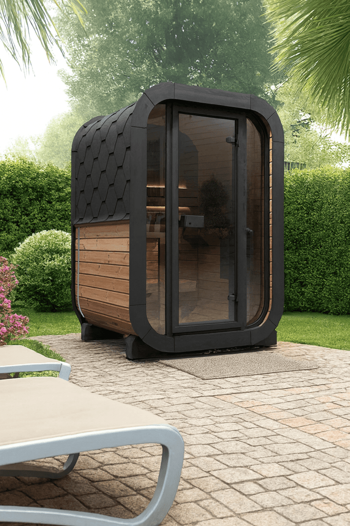 Outdoor home sauna kit by SaunaLife featuring a modern design with a wooden exterior and large glass door