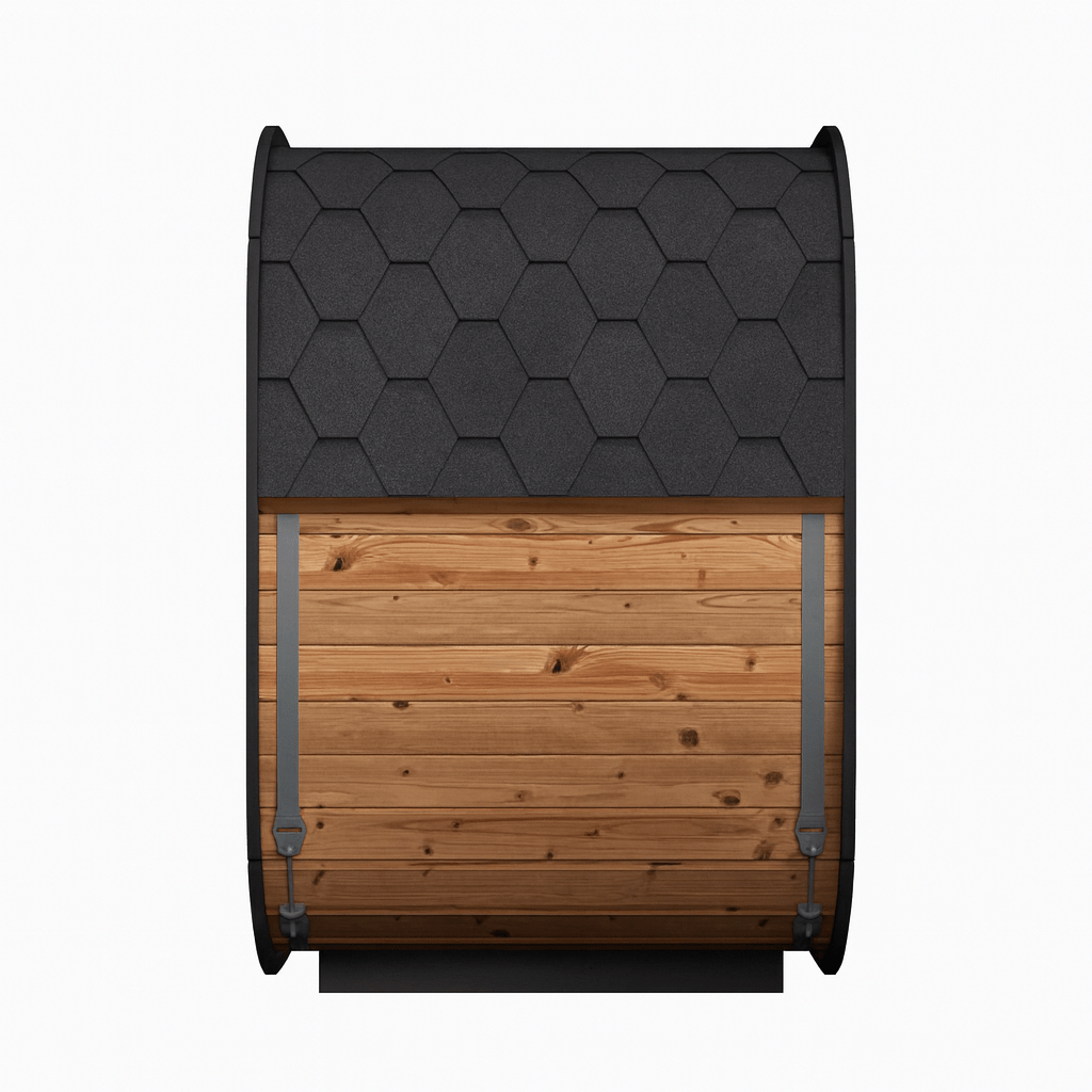 Outdoor home sauna kit from SaunaLife with a stylish hexagonal roof and natural wood finish