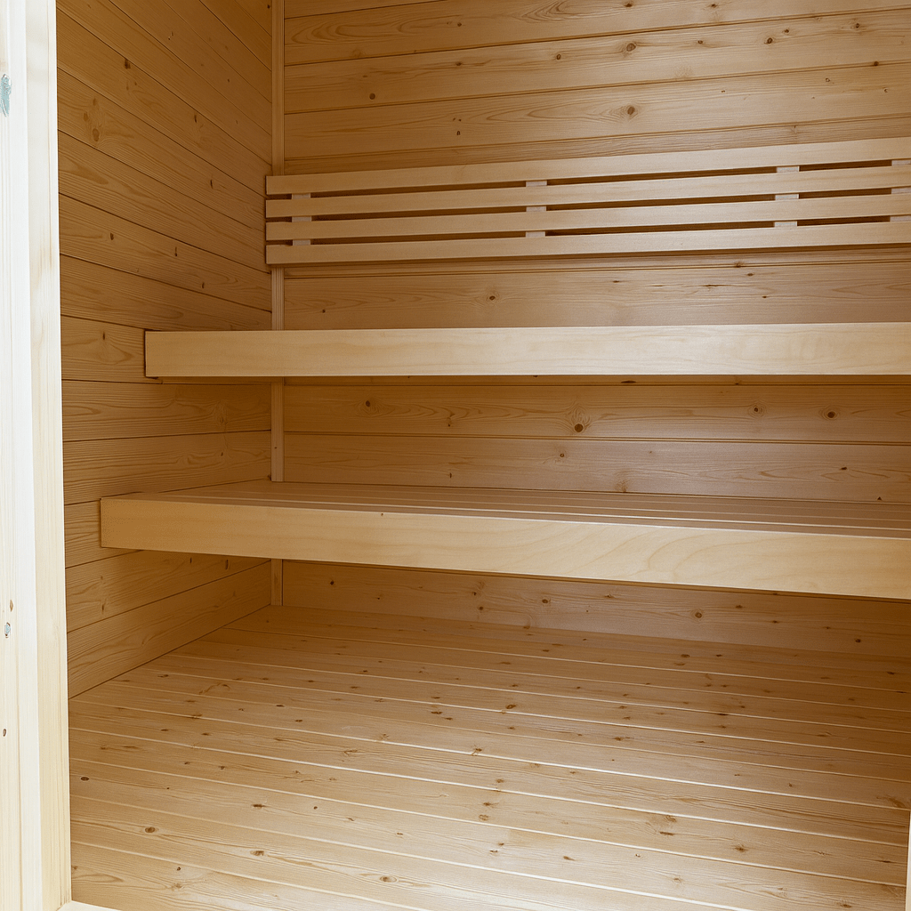 Spacious interior of a SaunaLife outdoor home sauna kit with wooden benches and natural finish