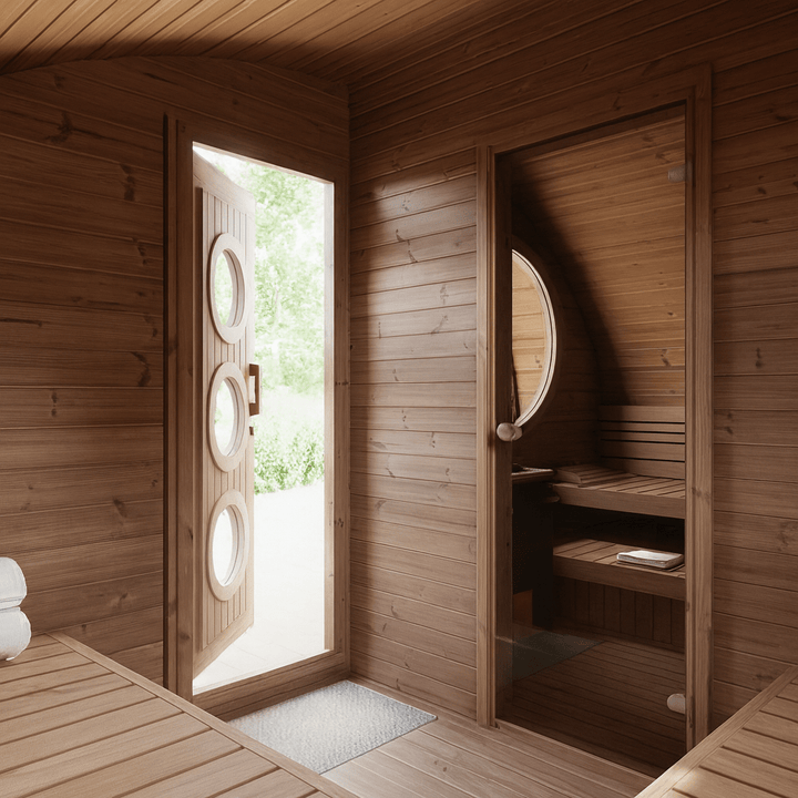 SaunaLife outdoor home sauna kit featuring a cozy wooden interior and circular door design