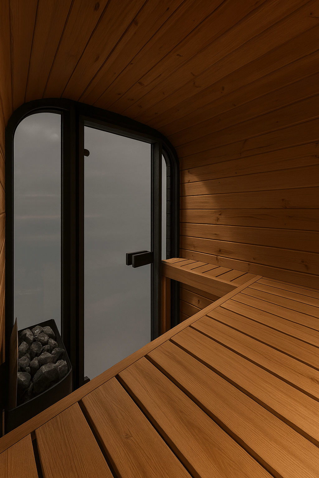 Interior of SaunaLife outdoor home sauna kit featuring wooden benches and large window with rocks