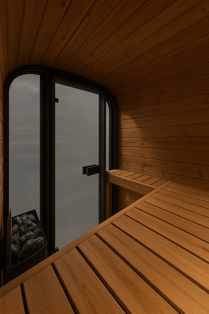 Interior of SaunaLife outdoor home sauna kit featuring wooden benches and large window with rocks