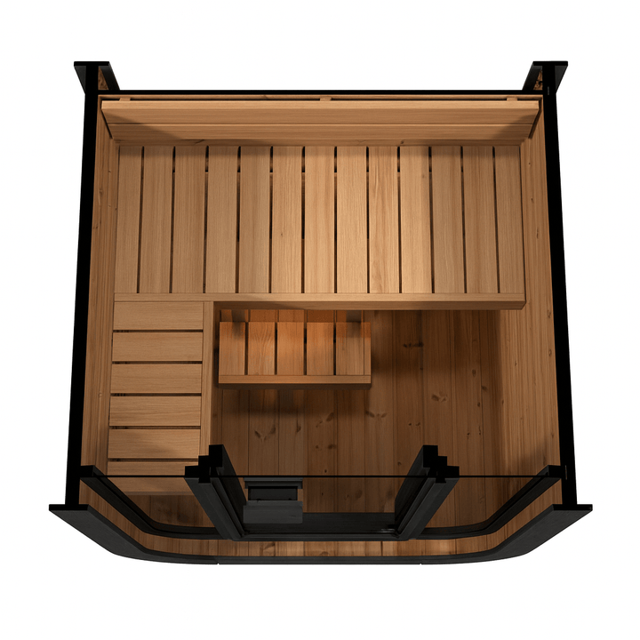 Spacious outdoor home sauna kit from SaunaLife with wooden benches and glass door for relaxation