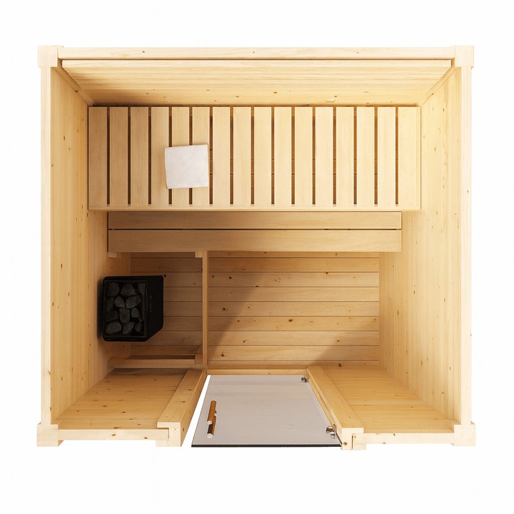 Top view of an outdoor home sauna kit with wooden benches and a heater inside