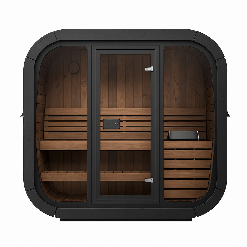 SaunaLife outdoor home sauna kit featuring a sleek design with wooden benches and glass door