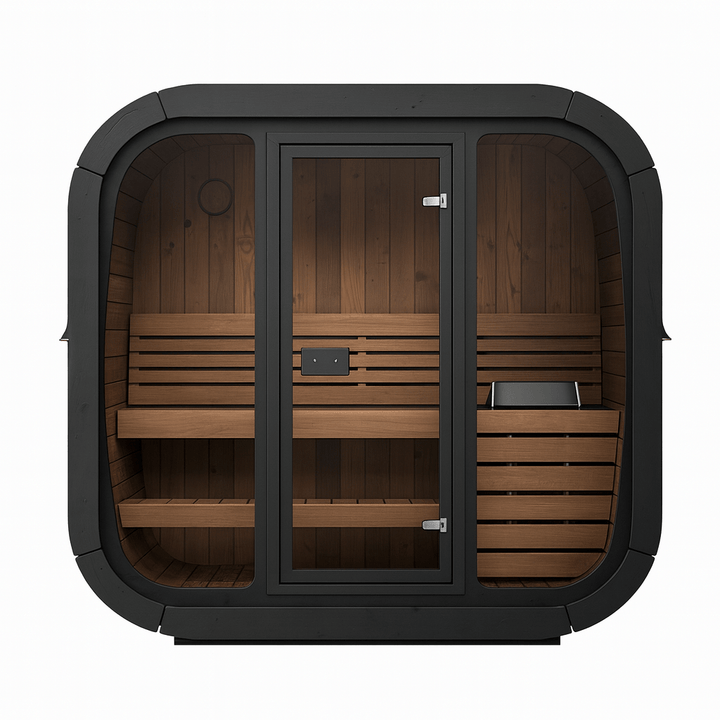 SaunaLife outdoor home sauna kit featuring a sleek design with wooden benches and glass door