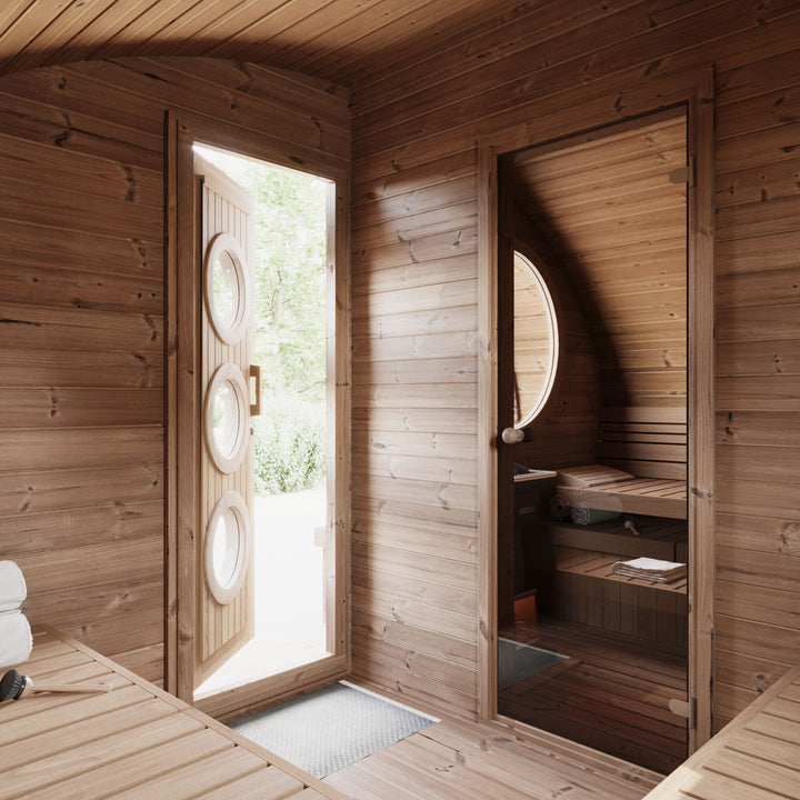 SaunaLife traditional wooden outdoor home sauna kit interior with benches and glass door