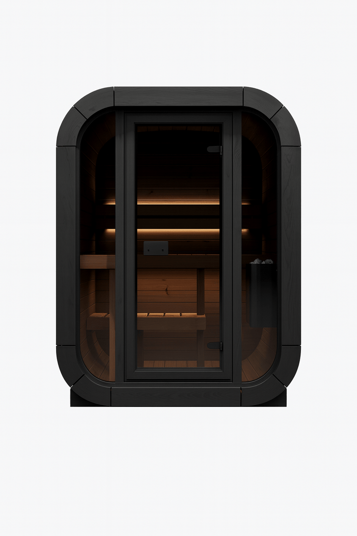 Modern outdoor home sauna kit by SaunaLife with sleek design and glass door for relaxing experiences