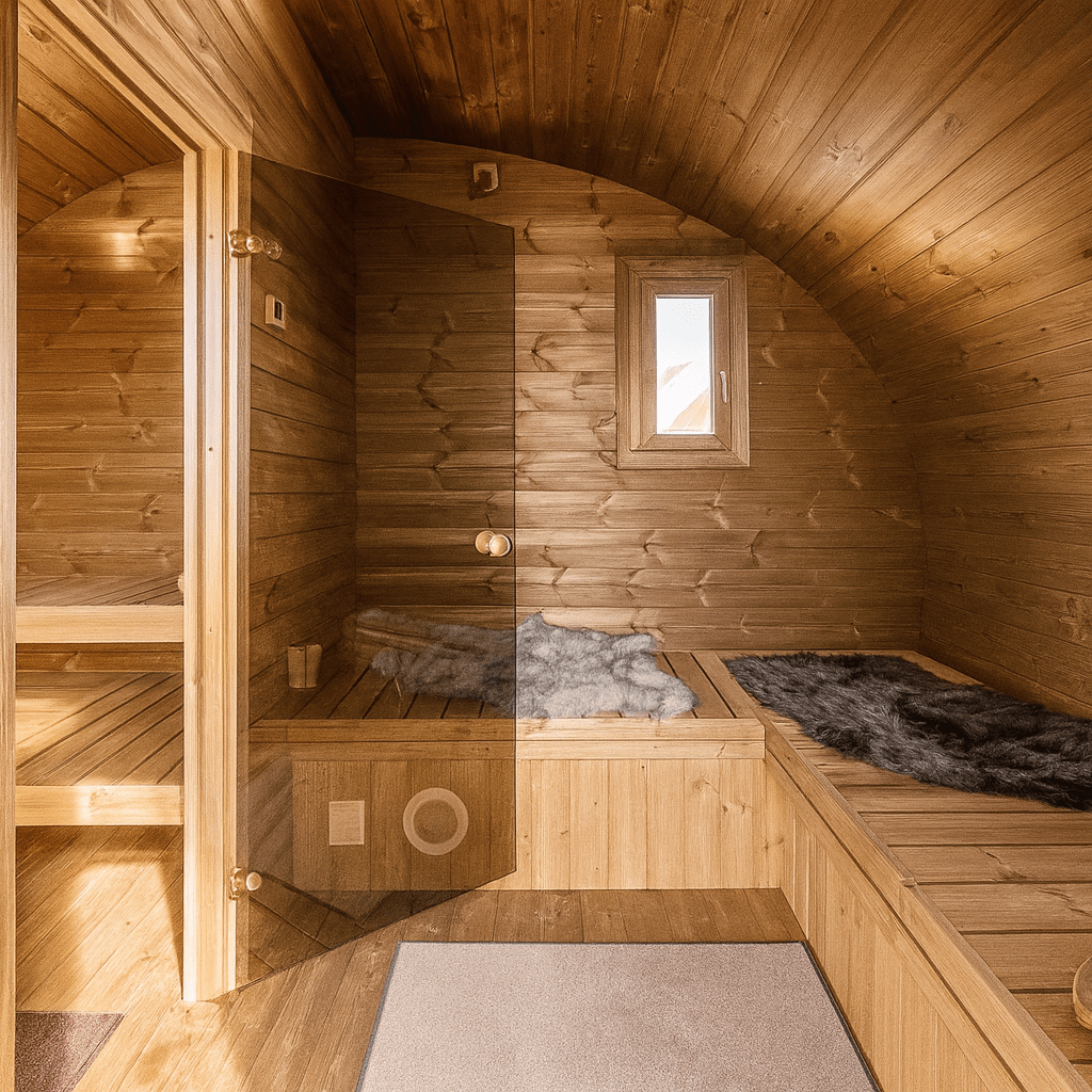 SaunaLife outdoor home sauna kit featuring a spacious interior with wooden finishes and cozy seating