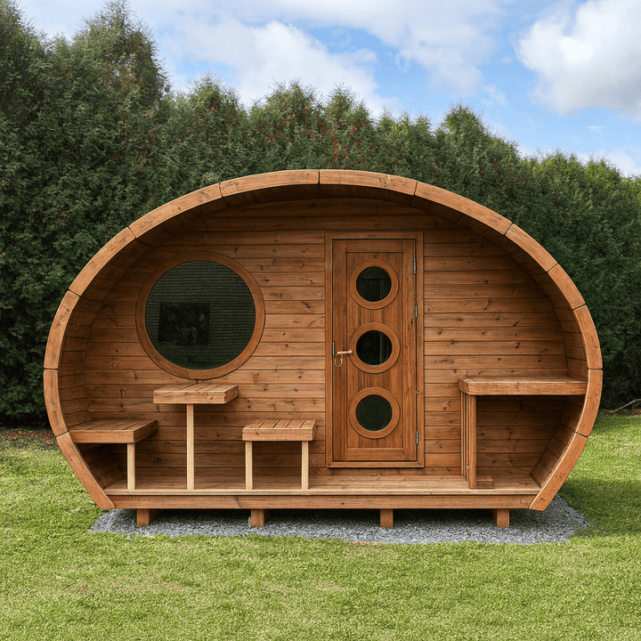 Outdoor home sauna kit by SaunaLife featuring a unique oval design with seating and a circular window