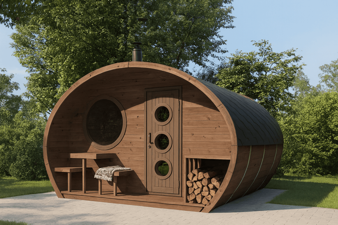 Outdoor home sauna kit from SaunaLife with wooden exterior and firewood storage