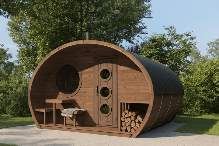 Outdoor home sauna kit from SaunaLife with wooden exterior and firewood storage