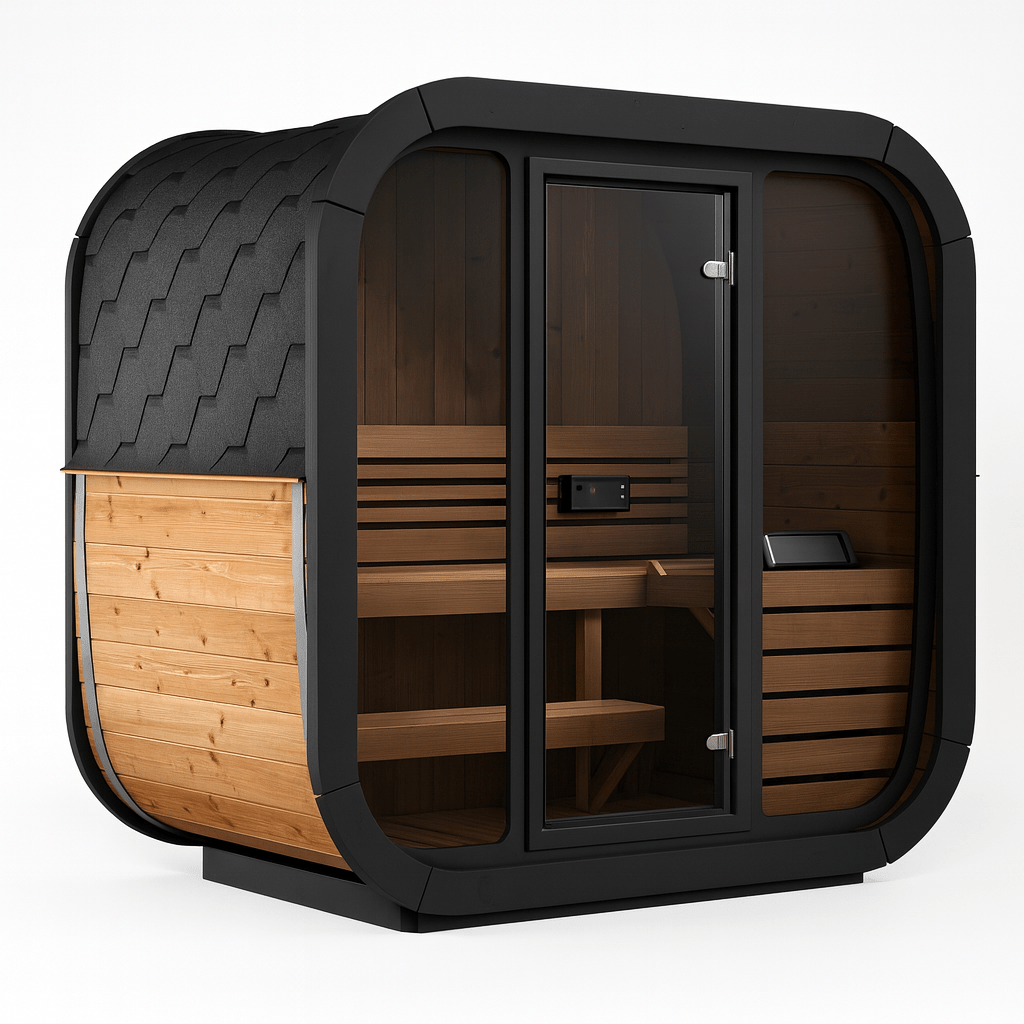SaunaLife outdoor home sauna kit with modern design and clear glass door for relaxation
