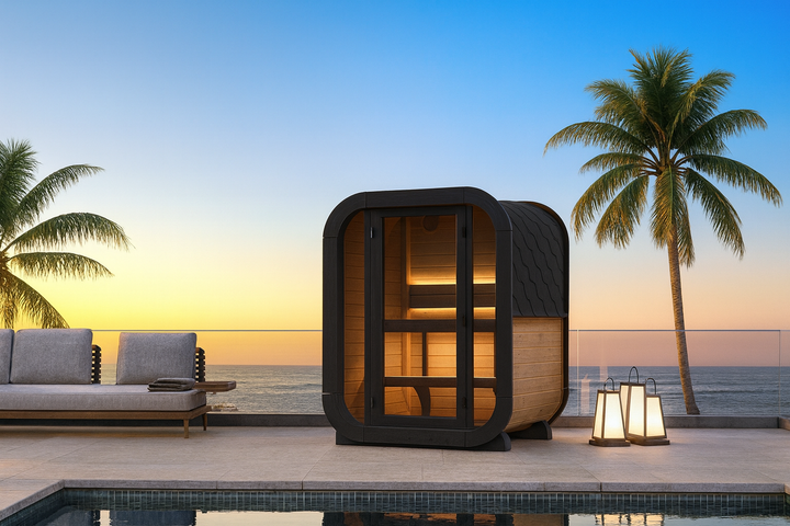 SaunaLife traditional outdoor home sauna kit on patio by pool with ocean and palm trees at sunset