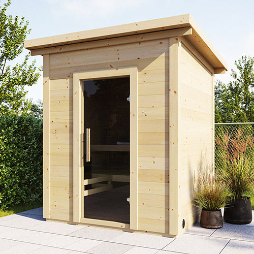 SaunaLife traditional outdoor home sauna kit made of light wood with glass door on patio