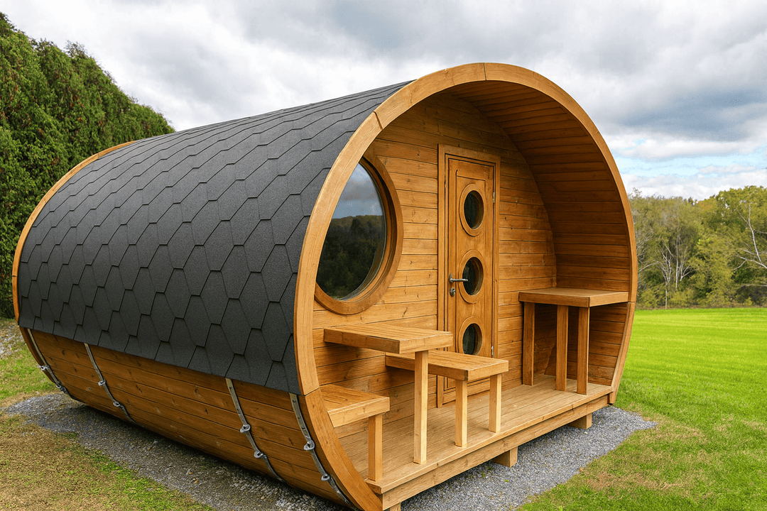 SaunaLife outdoor home sauna kit featuring a modern barrel design with seating area and large window.