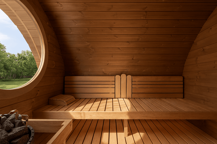 Cozy interior of a traditional outdoor home sauna kit with wooden benches and circular window