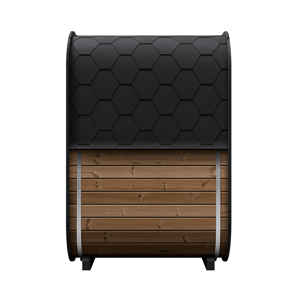 Outdoor home sauna kit by SaunaLife with a sleek design featuring a hexagonal roof and wooden siding