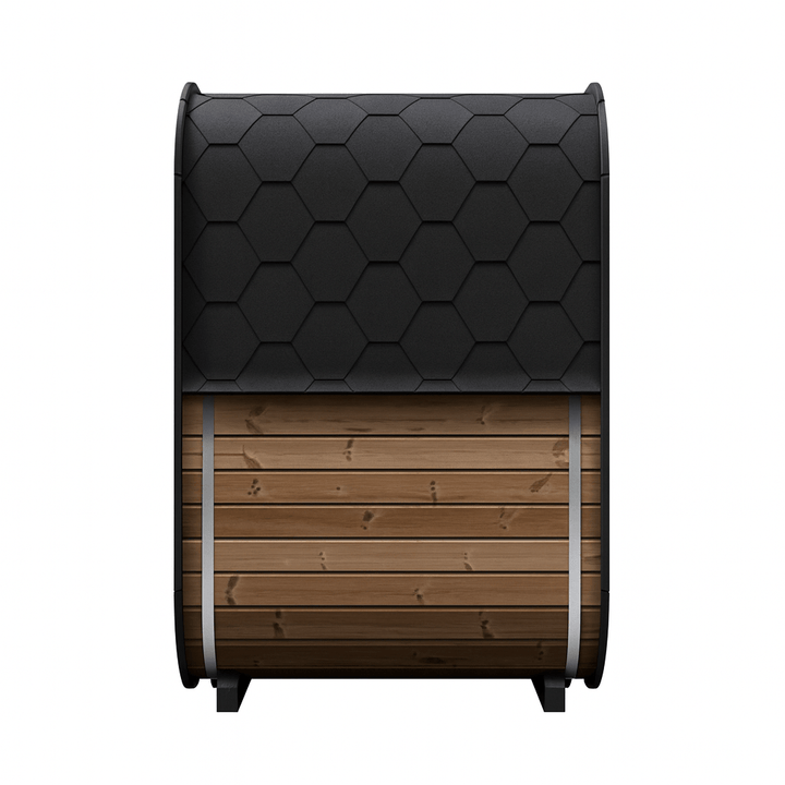Outdoor home sauna kit by SaunaLife with a sleek design featuring a hexagonal roof and wooden siding