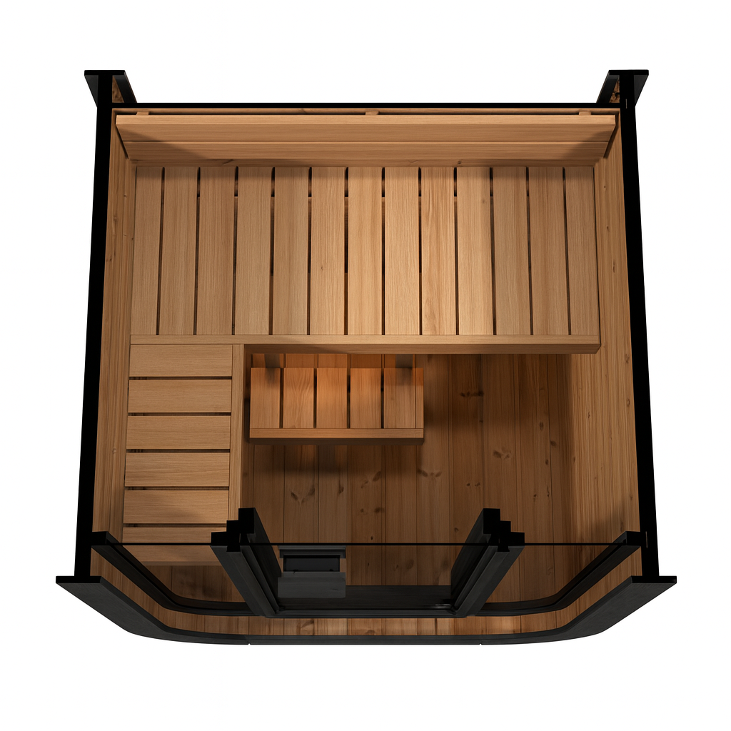 SaunaLife traditional outdoor home sauna kit with wooden benches and glass door viewed from above