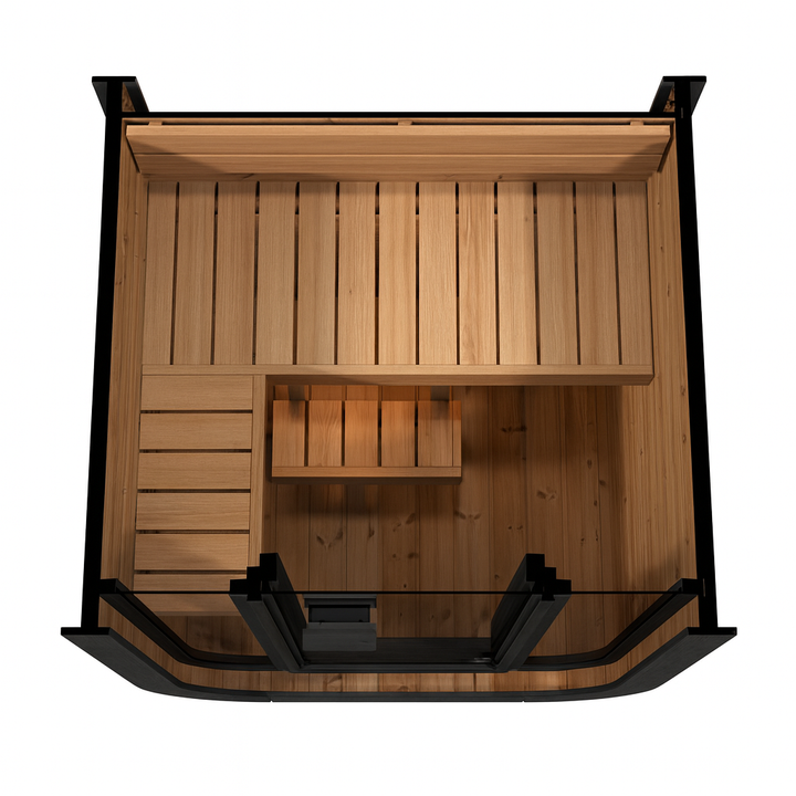 SaunaLife traditional outdoor home sauna kit with wooden benches and glass door viewed from above
