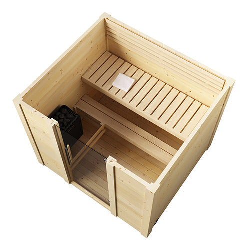SaunaLife traditional wooden outdoor home sauna kit with bench and heater inside