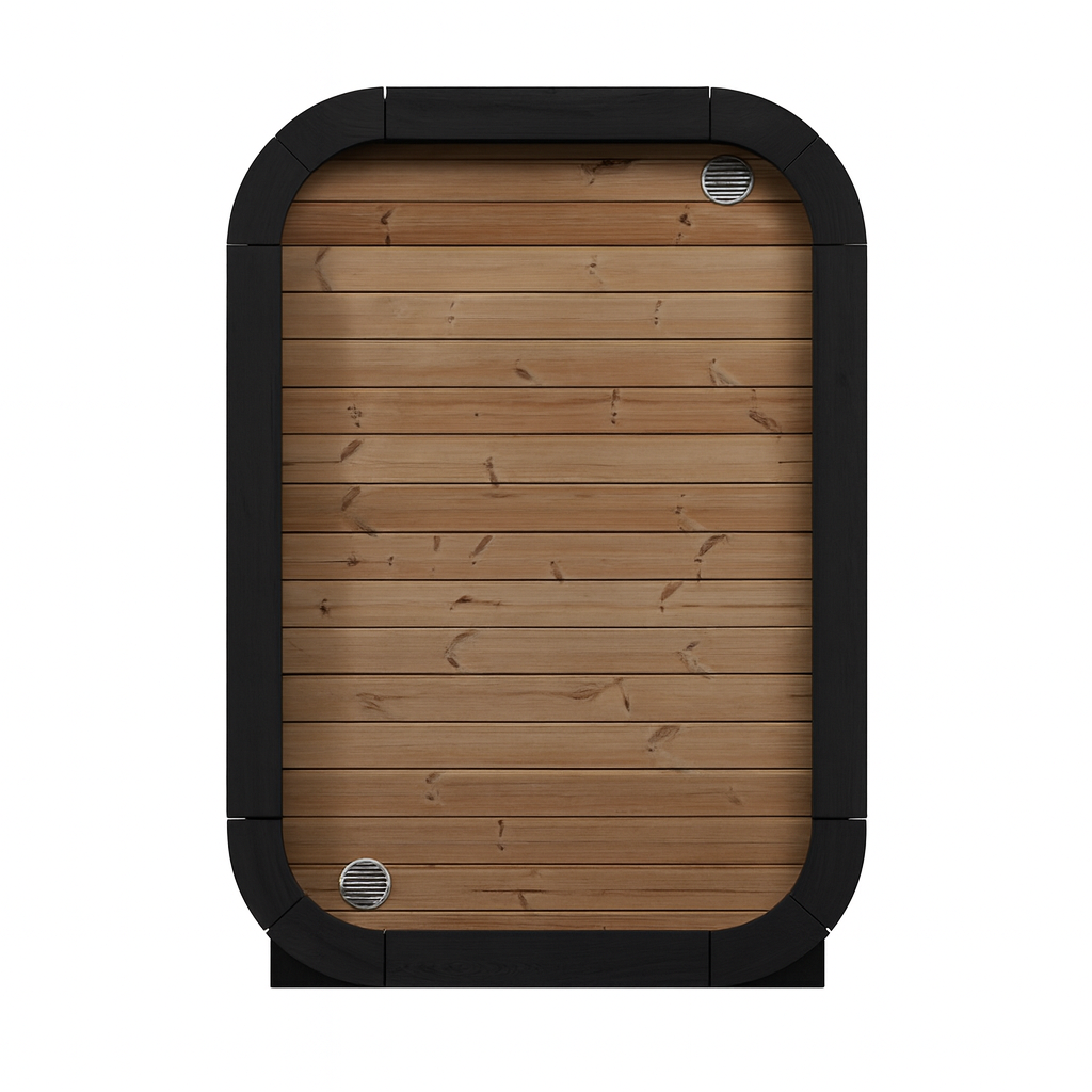 SaunaLife traditional outdoor home sauna kit with wooden paneling and black frame top view