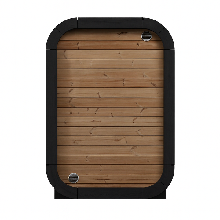 SaunaLife traditional outdoor home sauna kit with wooden paneling and black frame top view